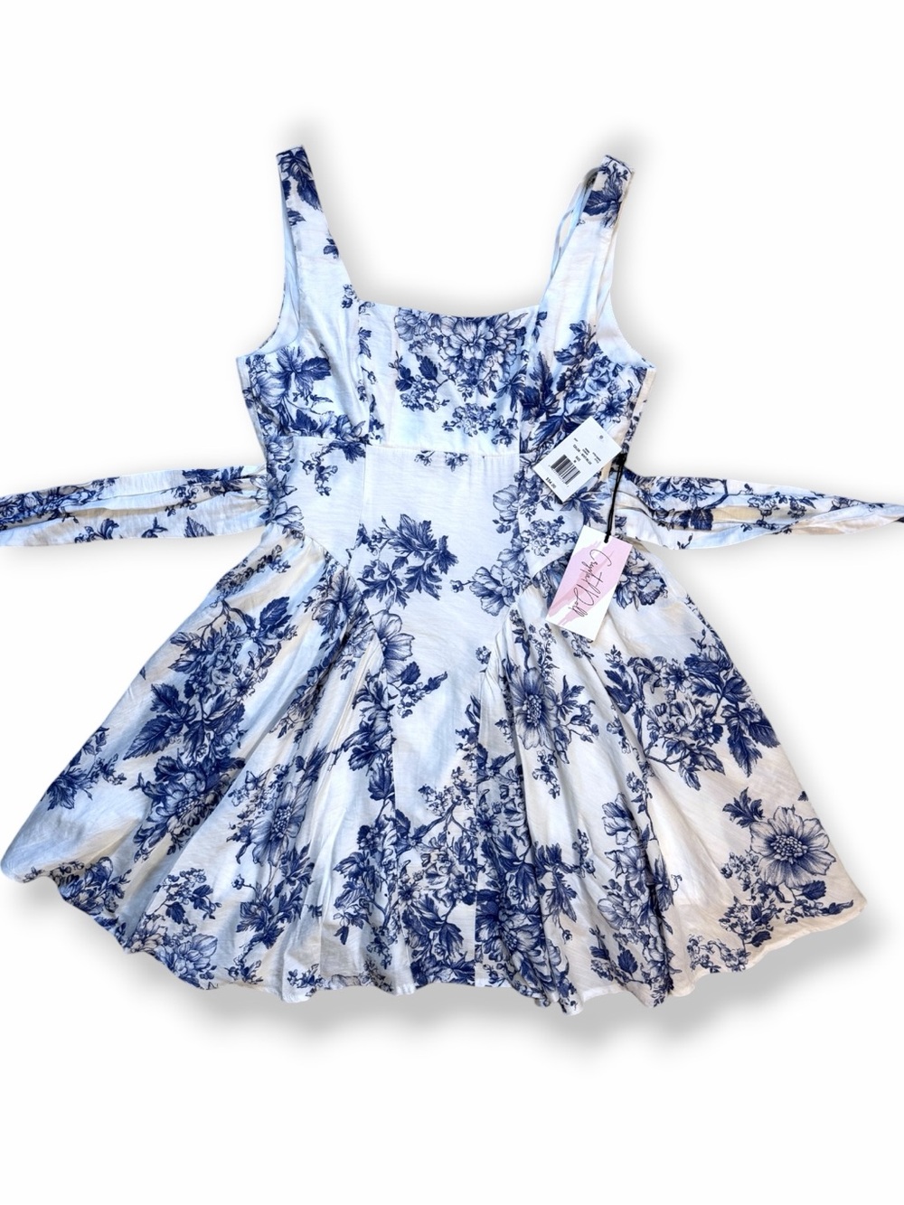 NWT Crystal Doll White & Blue Floral Toile Square Neck Fit & Flare Mini Dress